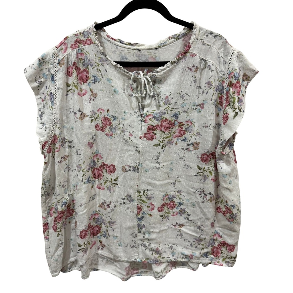 Buffalo David Bitton XXL Floral Tie Neck Clip Dot Cap Sleeve Blouse White Pink
